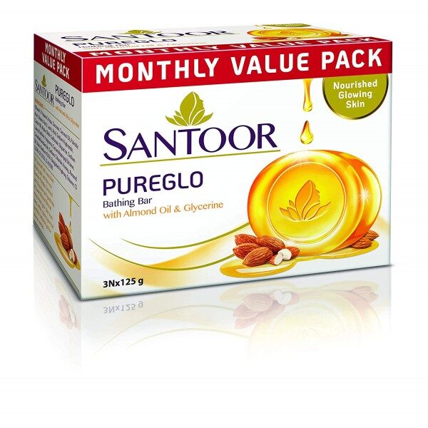 SANTOOR PUREGLO BATHING BAR WITH ALMOND OIL AND GLYCERINE PACK OF 3