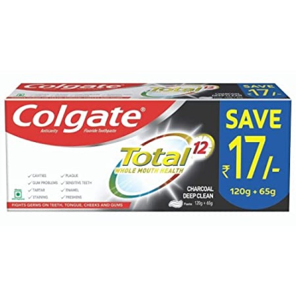 Colgate Total Whole Mouth Health, Antibacterial Toothpaste - 185g (charcoal Deep Clean, Saver Pack)
